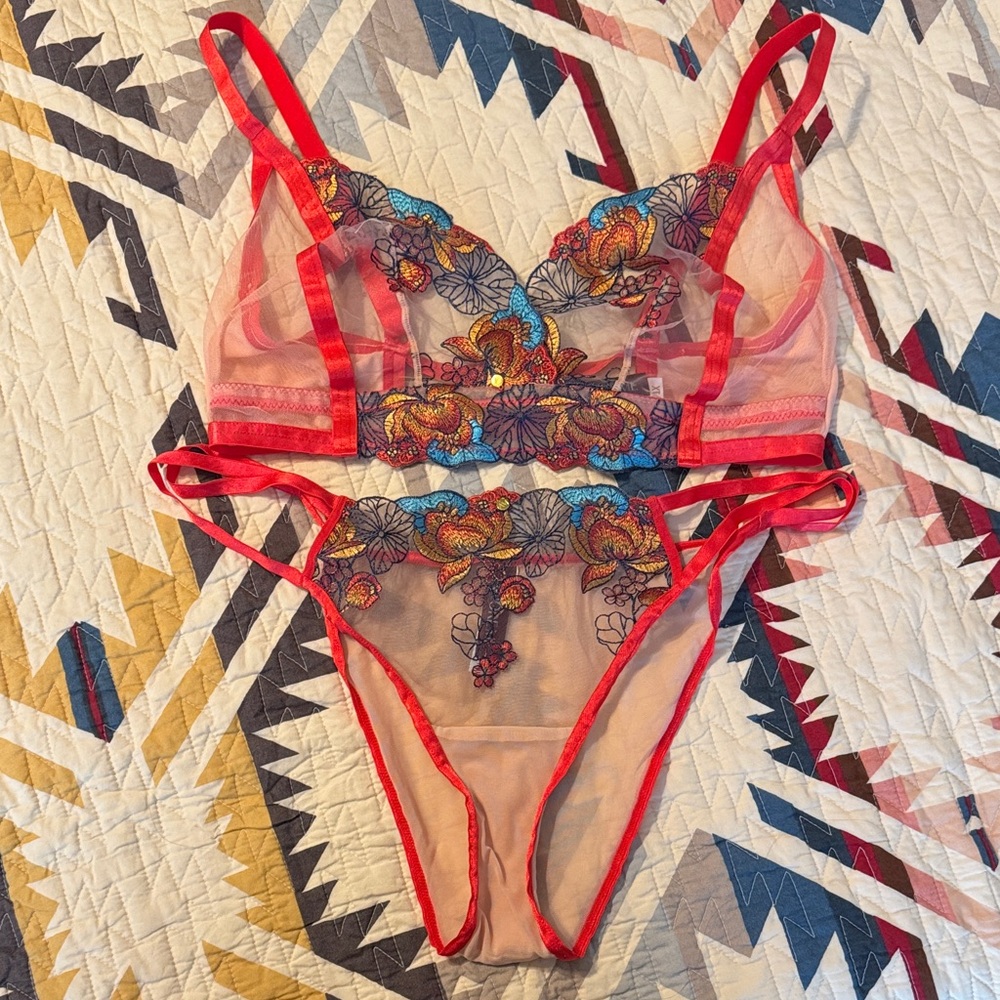 Adore Me Emilie Red Sheer Embroidered Bralette & Panty Set